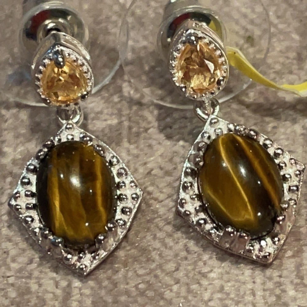 Brazilian Citrine & South African Tigers Eye Earrings 925 Sterling Silver NWTS